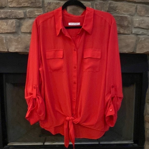 Allison Daley Red button down blouse with front tie and unique rolled sleeves.1X - Picture 1 of 6